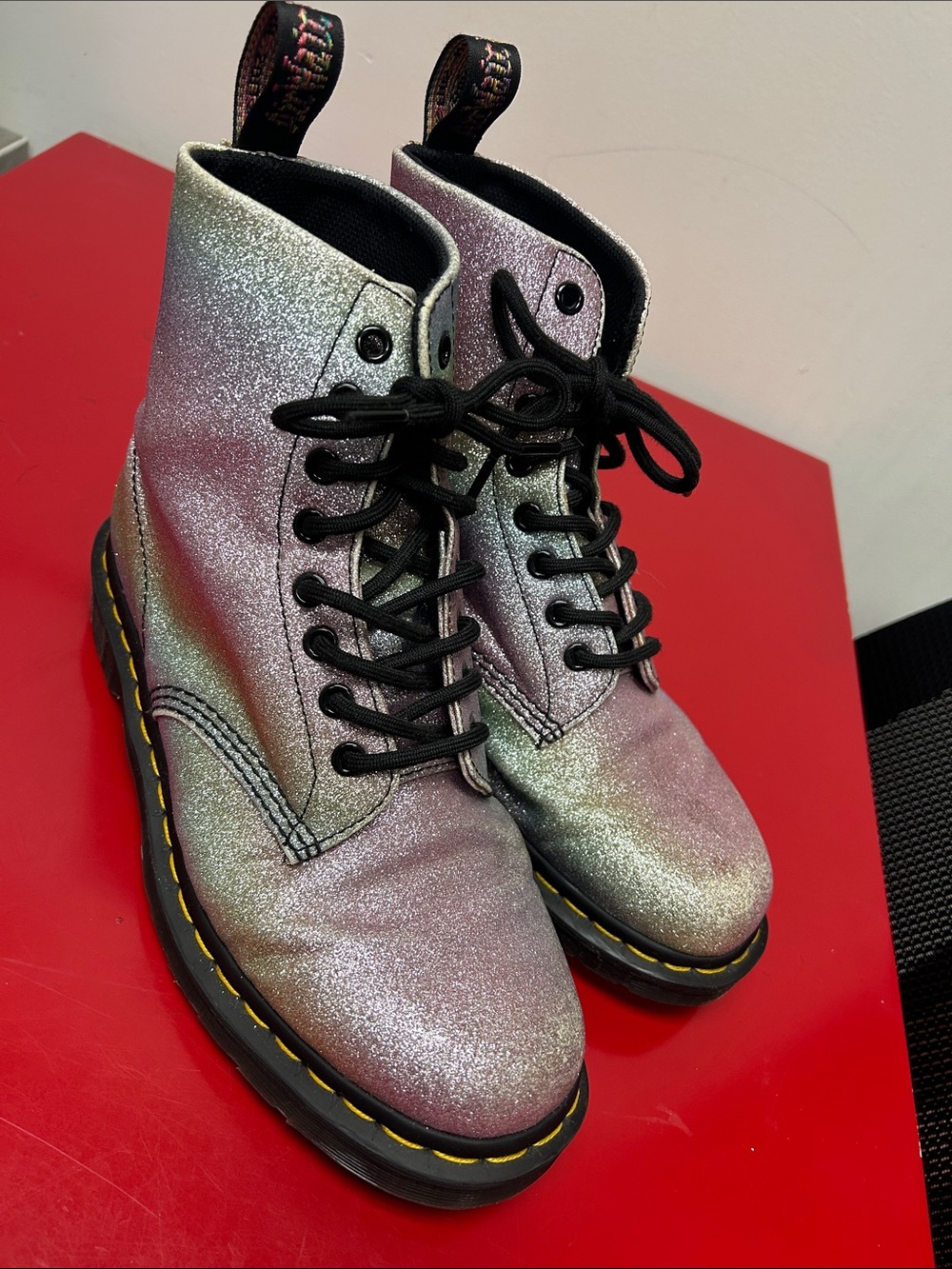 Dr. Martens Iridescent Glitter Lace-Up Boots with Black Laces
